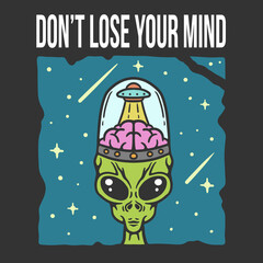 illustration of alien with brain protected by glass and absorbed by ufo