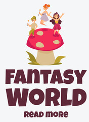 Fantasy world banner or poster with fairies or pixies, flat vector illustration.