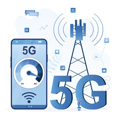 5G internet high speed connection. Big smartphone with wireless internet. Network technology, very fast online mobile connection. Communication tower.