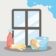 window with cleaning tools