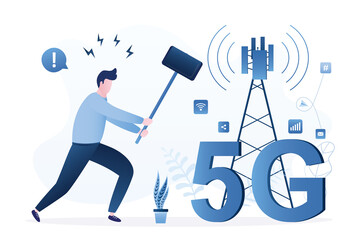 Angry man using big hammer wants to break the communication tower 5g. Fear of new technologies, wireless internet. Mental health problems in humans.