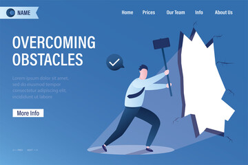 Overcoming obstacles, landing page template. Businessman using big hammer punched hole in wall. Goal achievement, business strategy. Leadership, successful overcoming of problems. V - obrazy, fototapety, plakaty