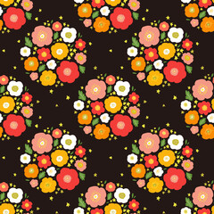 レトロな花柄　背景素材（黒×暖色カラー）