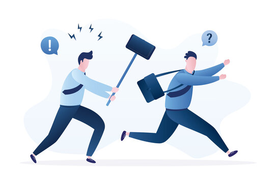 Angry businessman chasing office man with a sledge hammer. Business revenge and anger concept. Punishment for poor performance. Funny male characters.