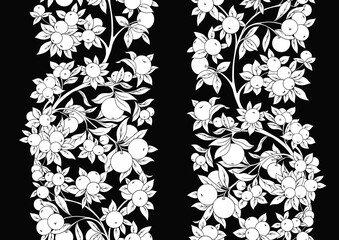 Apples on branches Seamless pattern, background. Black and white graphics. Vector illustration.