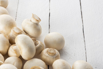 edible mushrooms on a white background of boards with a copy of the space