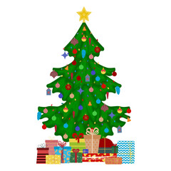 Christmas tree with ornaments and gift boxes.