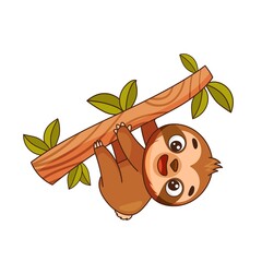 Little sloth hangs on a branch and smiles. Postcard in children's cartoon style. Vector illustration for designs, prints and patterns. Vector illustration © EnyaLis