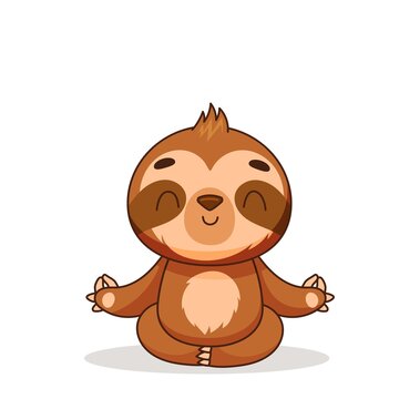Cute sloth sitting in lotus position. Cute character is meditating. Postcard in children's cartoon style. Vector illustration for designs, prints and patterns. Vector illustration