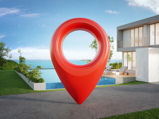 Modern house with location pin icon on asphalt road in real estate sale or property investment concept. Buying land for new home. 3d illustration of big red map pointer symbol near small building.