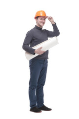 in full growth. confident male architect with drawings.