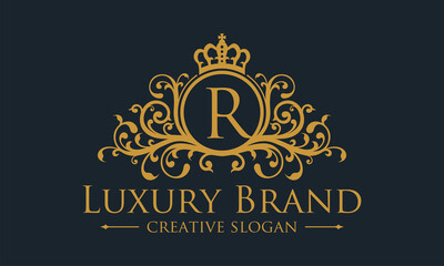Luxury logo monogram crest template design vector illustration. Royal brand vintage vignette ornaments.