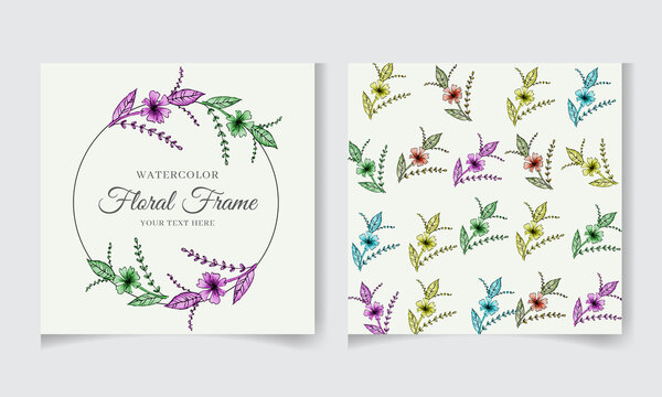 Set of hand-drawn watercolor floral seamless textile pattern with greenery botanical leaves, flowers, and branches, Abstract art background, editable vector fabric background illustration template.