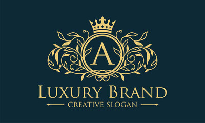 Fototapeta Luxury logo monogram crest template design vector illustration. Royal brand vintage vignette ornaments. obraz
