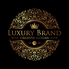 Luxury logo monogram crest template design vector illustration. Royal brand vintage vignette ornaments.