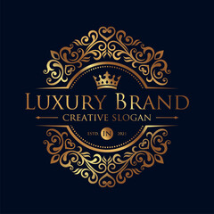 Fototapeta na wymiar Luxury logo monogram crest template design vector illustration. Royal brand vintage vignette ornaments.