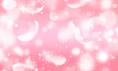 Fototapeta na wymiar Beautiful White Feathers Falling on a Pink Backdrop.
