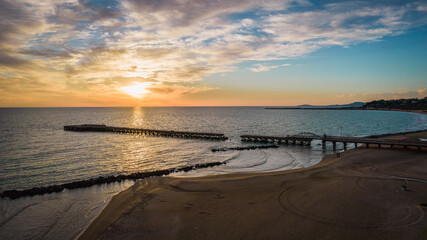 Obraz premium Aerial View at Sunset of the Allies Pier of Landing in Gela City, Caltanissetta, Sicily, Italy, Europe