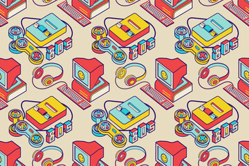 Nostalgia seamless wallpaper, seamless pattern, digital wrapping paper. Pc, gaming and audio devices, old technologies. © Vigurskaia Sofiya