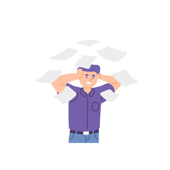 illustration of a worker or employee who is dizzy because he still has a lot of work to do. too much work. stress and depression due to workload. holding head due to headache. like a flat cartoon