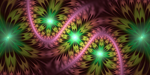 Fototapeta premium Abstract fractal art background banner. Psychedelic pattern, perhaps suggestive of flowers or feathers.multi-coloured, multi-colored, multicoloured, multicolored