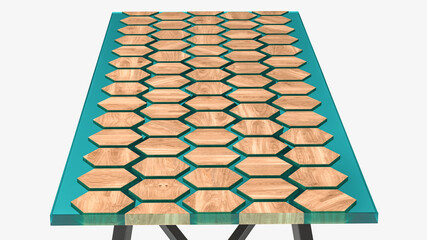 Table made of green epoxy resin with wooden hexagonal elements. 3D rendering