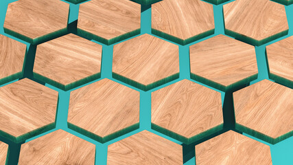 Table made of green epoxy resin with wooden hexagonal elements. 3D rendering