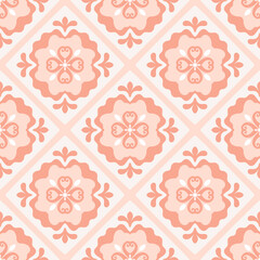 Pottery seamless pattern. Ceramic tiles design, Italian, Moroccan artwork. Simple background in pink and coral colors. Vector decorative illustration. Kitchen, floor print.