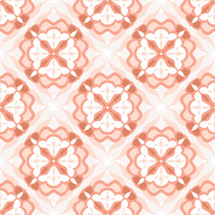 Ceramic tile seamless pattern. Abstract patchwork ornaments, Moroccan tiles, Azulejo, Portuguese artwork in pink pastel colors. Majolica design, decorative background, vector illustration.