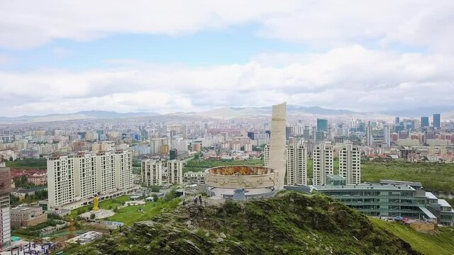 Ulaanbaatar, Mongolia. Memorial to Soviet soldiers on Zaisan Tolgoi. complex in honor of the Red Army s support of the Mongolian People s Revolution, Aerial View Hyperlapse, Point of interest