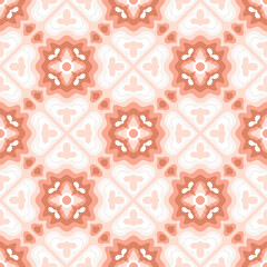 Illusion ceramic tile seamless pattern. Abstract patchwork ornaments, Moroccan tiles, Azulejo, Portuguese artwork in pink pastel colors. Decorative background, vector illustration.