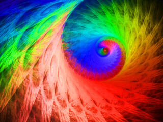 Creación de arte digital fractal compuesto de líneas coloridas parabólicas formando espirales con aspecto de ser un agujero negro descomponiendo la luz. - obrazy, fototapety, plakaty