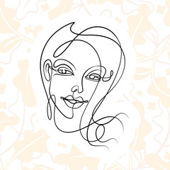 International Women's Day minimal design line drawing style. Portrait of young woman beauty face isolated on pastel leaf background. Vector for Spa, fashion, hairdressing and beautiful artwork design.