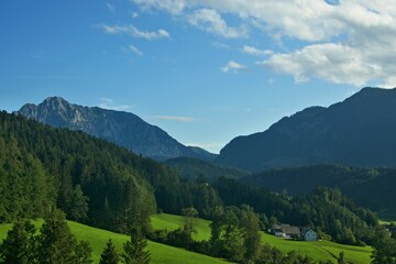 Fototapeta na wymiar Austrian Alps - view from Edlbach in the Windischgarsten area to the Bosruck mountain in Haller Mauern