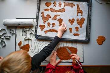 children baking gingerbread in different forms at home
