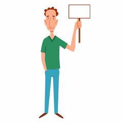 a thin, red-haired man with a sign for the text in his hand. Vector illustration in a flat cartoon style.