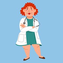 The character of a full-length European female doctor. Vector illustration in a flat style on the topic of medicine.