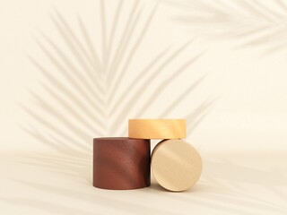 3d render Premium podium, showcase, platform, stand. Abstract geometric shapes, toys on light pastel background with shadows from tropical leaves. Art Deco minimal background of objects. 