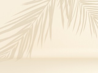 Tropical palm leaves on light pastel background. Unobtrusive botanical background with shadow on the wall - trend frame, cover, card, postcard, graphic design - 3D, render, illustration.	