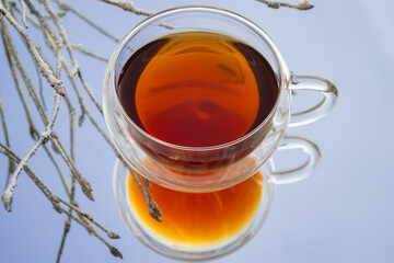 winter warm tea in a cup in the fresh air