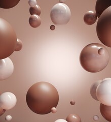 Nude background for advertising cosmetics for body and skin care.Mockup for makeup, care items on pastel chocolate backdrop.3D render podium, stand,showcase with dripping tonal cream and flying balls.