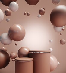 Nude background for advertising cosmetics for body and skin care.Mockup for makeup, care items on pastel chocolate backdrop.3D render podium, stand,showcase with dripping tonal cream and flying balls.