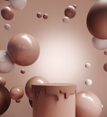 Nude background for advertising cosmetics for body and skin care.Mockup for makeup, care items on pastel chocolate backdrop.3D render podium, stand,showcase with dripping tonal cream and flying balls.