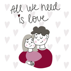 Happy Valentines Day card with handwriting lettering.  Vector illustration. Romantic composition with couple.  Ideal for printing, design, postcards, posters, invitations.