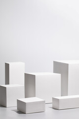 Abstract minimal scene - empty stage with six rectangle podiums on white background and soft window...