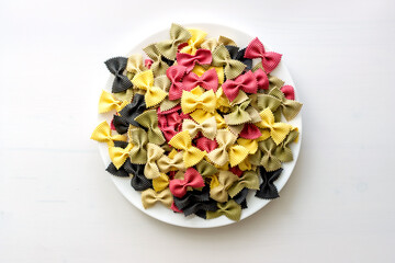 Multicolor raw pasta close up in a ceramic plate isolated on white background. Top view. Kitchen food ingredients