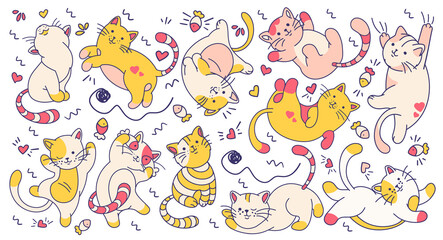 Fototapeta Large set of funny doodle cats. Set of stickers, isolated elements. Wide feline background with variety of kittens.  obraz
