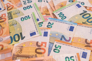 Colorful different euro banknotes as background
