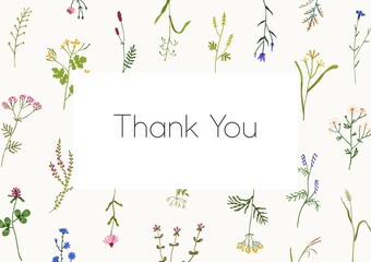 Floral background design. Thank you card template with wild flowers and herbs frame. Spring romantic postcard with meadow herbal blooming plants and space for text. Colored flat vector illustration