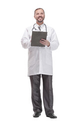 smiling doctor with clipboard . isolated on a white background.